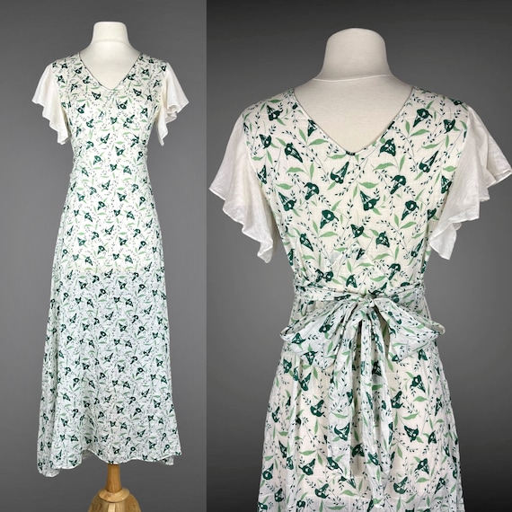 Vintage 1930s Floral Bias Cut Flutter Sleeve Dress, 30s Green White Cotton Sundress and Cape, XS
