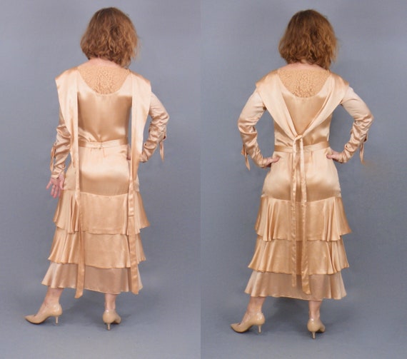 Vintage Late 1920s 30s Dress, Rose Gold Satin Lac… - image 5