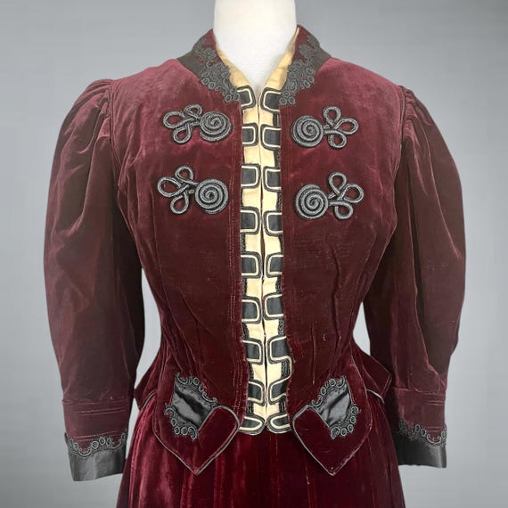 Antique 1890s 1900s Velvet Walking Suit | Victorian Edwardian Merlot Velvet Jacket Skirt Set with Black Silk Trim & Ornamental Appliqué