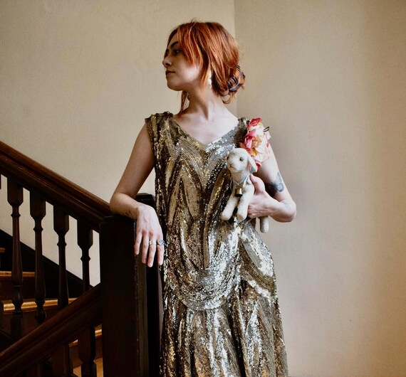 Rare Vintage 1920s Sequin Flapper Dress, 20s Jazz Age Dress, Gold Silver Sequin Art Deco Party Dress, Small