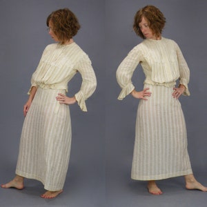 1900s Gibson Girl Dress, Antique Edwardian Lace Appliqué Striped Linen Blouse and Skirt Set, XS S image 4