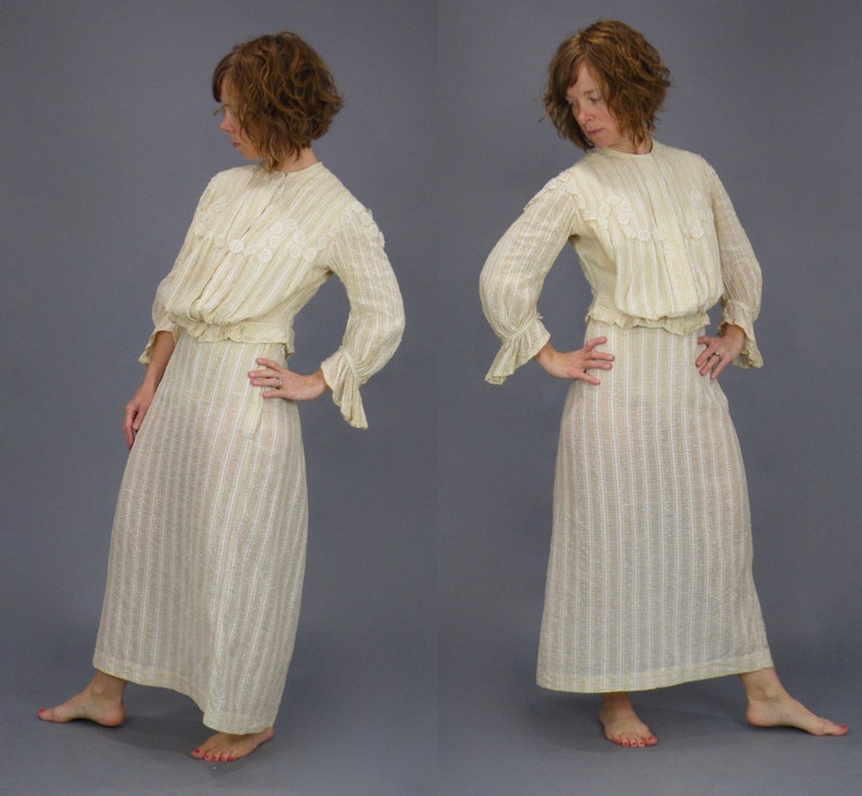 1900s Gibson Girl Dress, Antique Edwardian Lace Appliqué Striped Linen Blouse and Skirt Set, XS S image 4