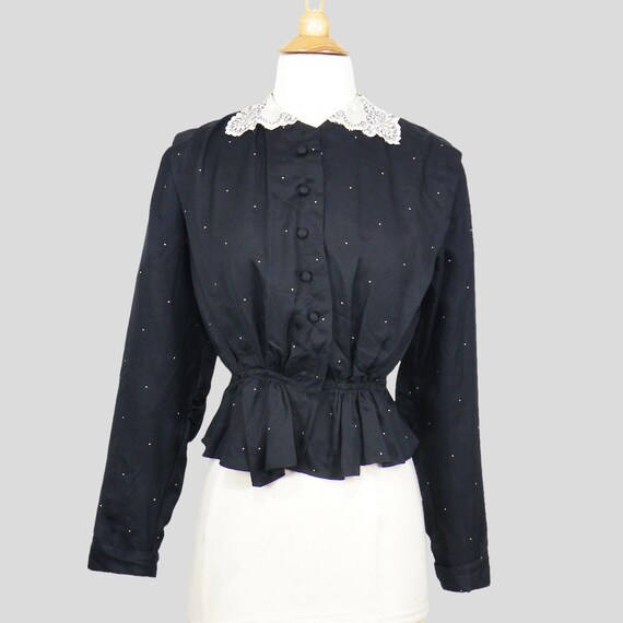 Antique Edwardian Blouse, 1900s Black Silk Polka Dot Blouse with Embroidered Collar, 35 Bust XS - Small