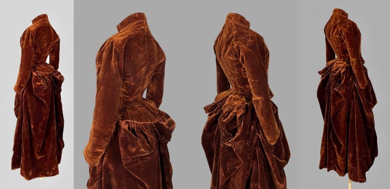 1880s Victorian Sienna Brown Velvet Bustle Dress,… - image 5