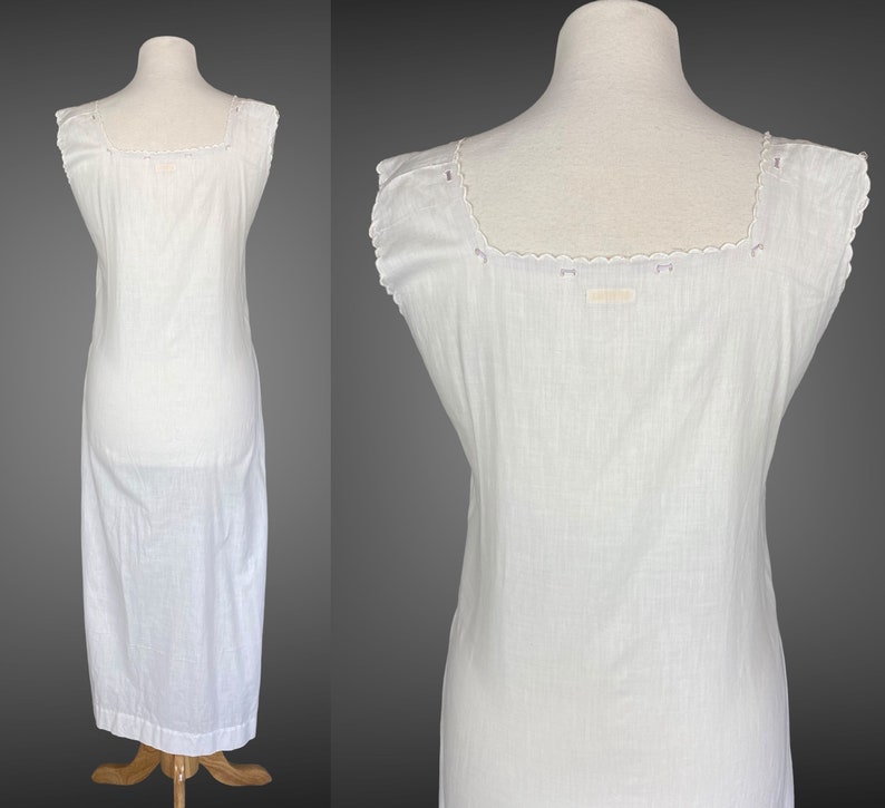 Edwardian Night Dress, Antique 1910s Nightgown, White Embroidered Cotton Nightwear w Purple Ribbon Tie, Made in France, S M image 6