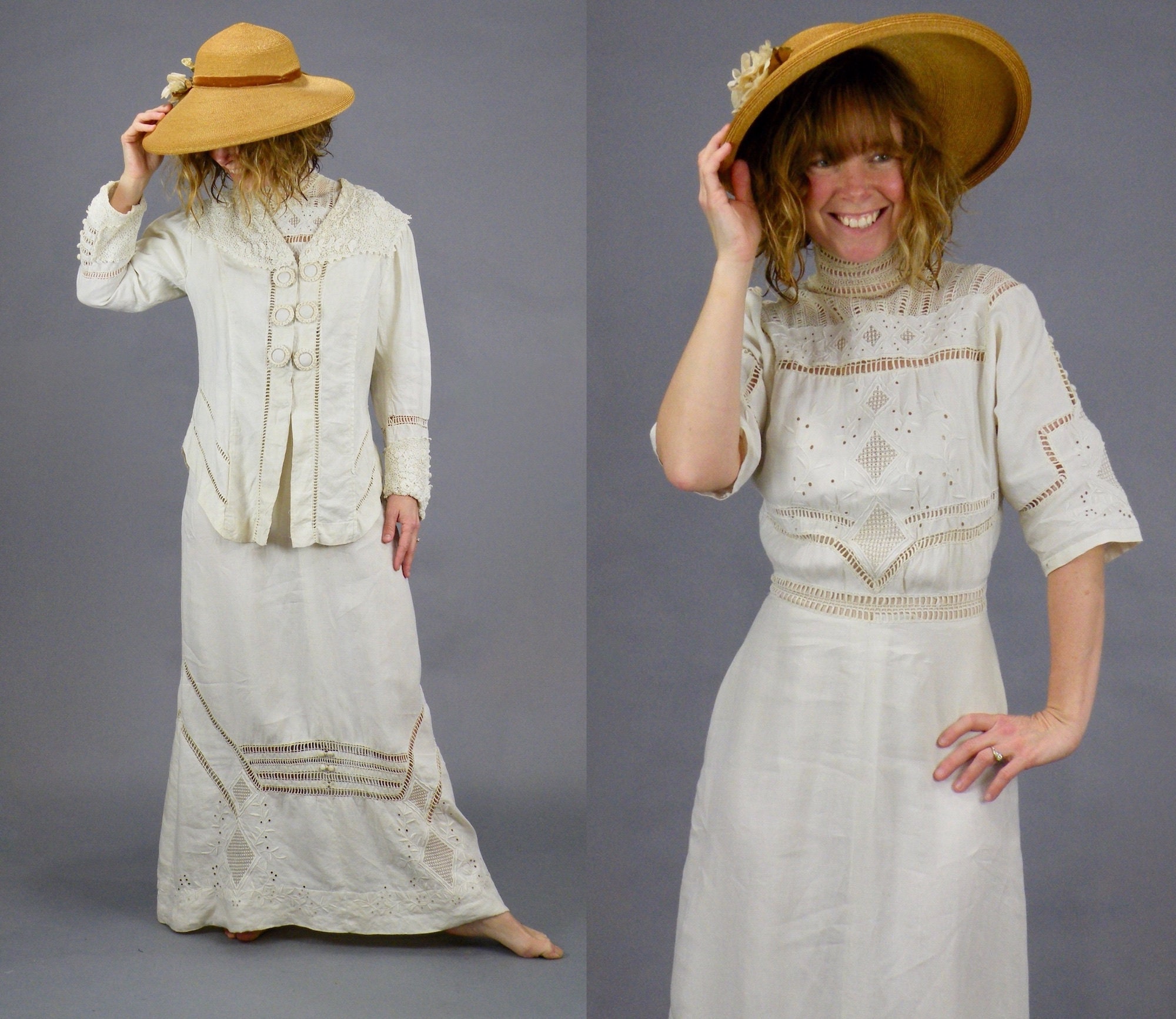1900s Edwardian Embroidered Cutwork Linen Dress & Irish Crochet Lace ...