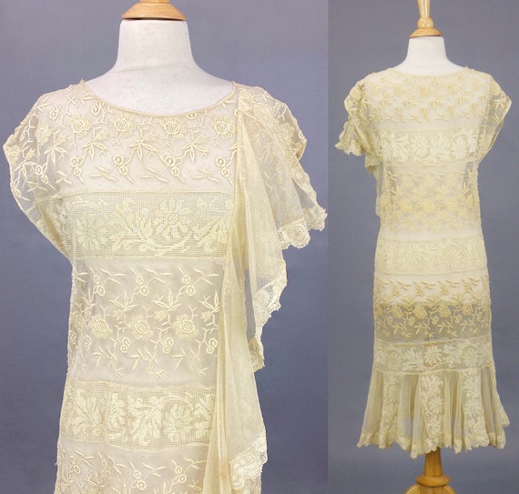 1920s Lace Dress, Vintage 20s Dress, Floral Embroi