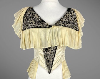 1880s Victorian Beaded Velvet Silk Bodice with Accordion Pleats, Antique Costume Evening Bodice, XS