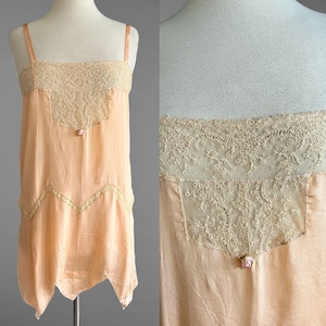1920s Peach Silk Step-In Teddy | Antique Tambour Lace Flapper Lingerie with Ribbon Rosette | Vintage Boudoir Camiknickers | Art Deco Bridal