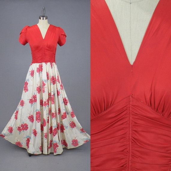 Vintage 1940s Floral Dress, 40s Dress, Red 1940s H