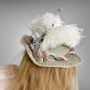 Vintage 1940s Ostrich Feather Sequin Velvet Trim Fascinator Hat, 40s Mini Perch Hat