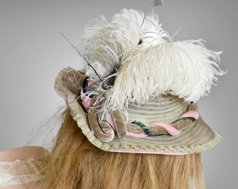 1800s Victorian Ostrich Feather & Sequined Velvet Trim Horsehair Fascinator Hat, Antique Mini Hat