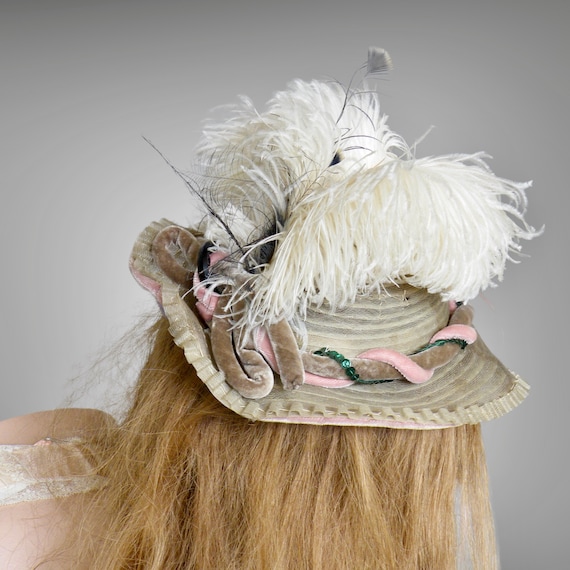 1800s Victorian Ostrich Feather & Sequined Velvet Trim Horsehair Fascinator Hat, Antique Mini Hat