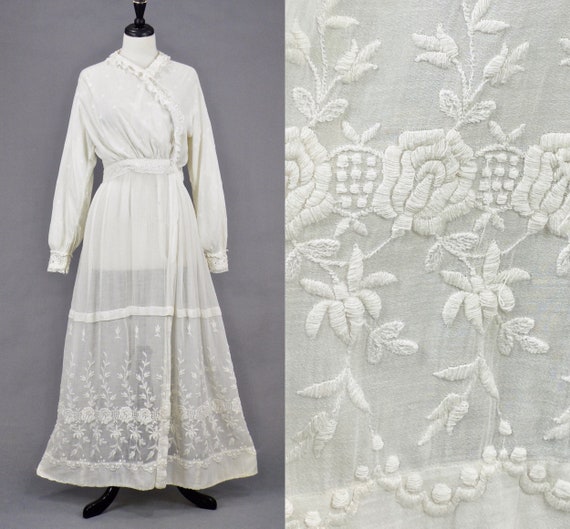 Edwardian Embroidered Dress, Antique 1900s White C