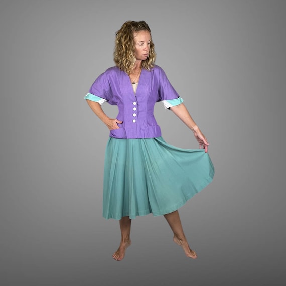 Vintage 1940s Teal and Purple Color Block Skirt and Blouse Set, 40s Top Skirt Dress Suit Set