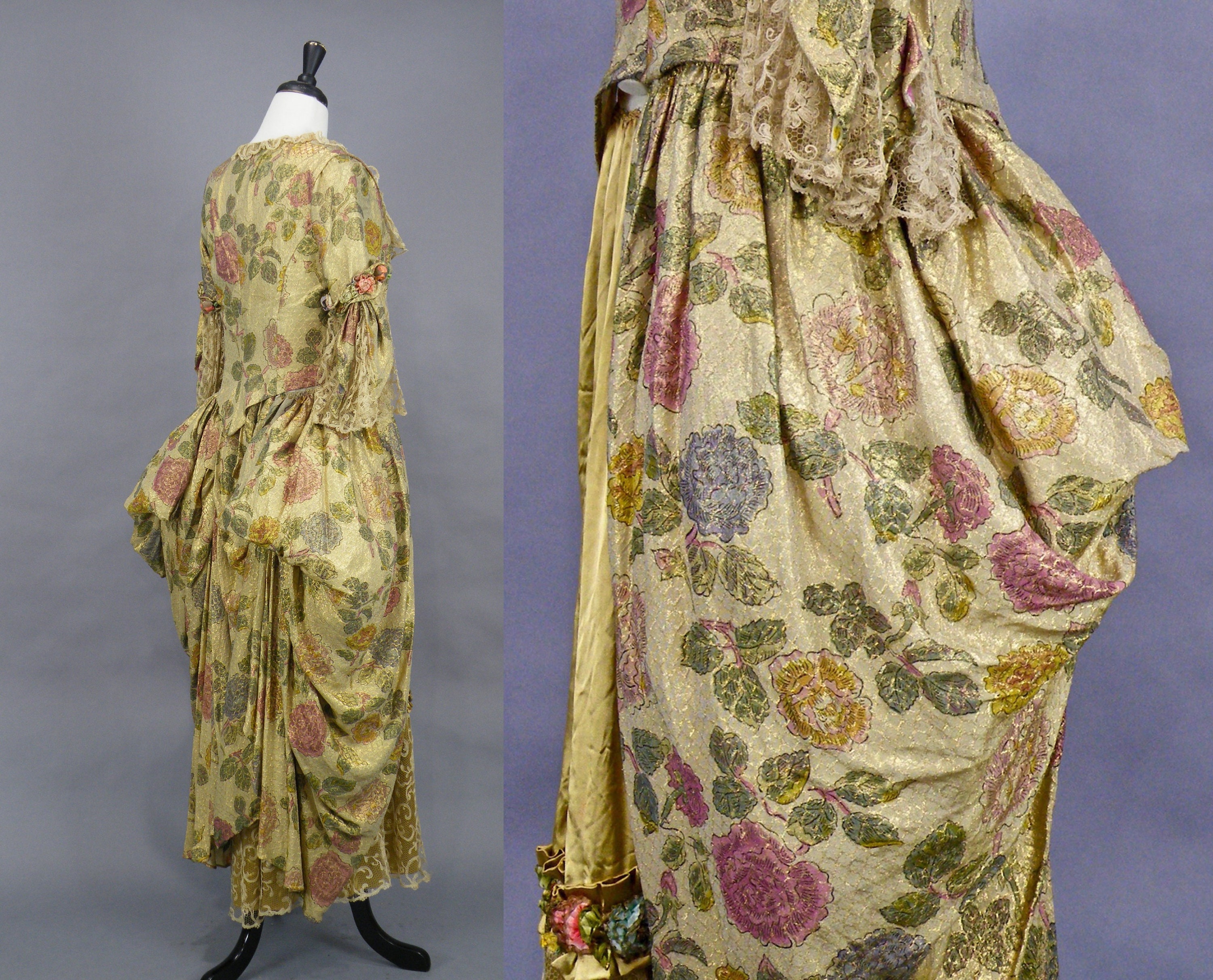 Rare Antique 1910s Floral Lamé & Liquid Gold Silk Rococo Style Gown ...