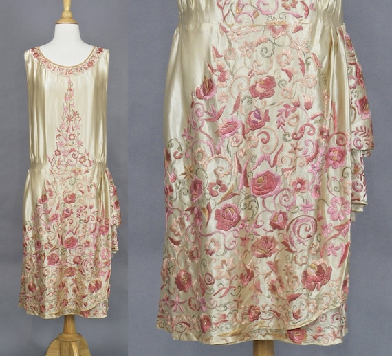1920s Floral Embroidered Silk Evening Dress, Excep
