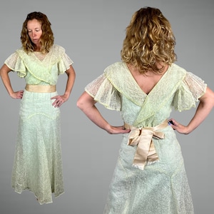 Vintage 1930s Sheer Green Organdy Gown | Embroidered, Flutter Sleeve, Art Deco Bias-Cut Dress | Garden Party Bridal Dress, Small - S/M