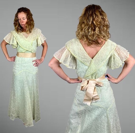 Vintage 1930s Sheer Green Organdy Gown | Embroidered, Flutter Sleeve, Art Deco Bias-Cut Dress | Garden Party Bridal Dress, Small - S/M