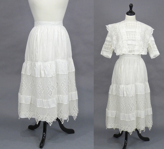 Edwardian Skirt, 1900s 1910s White Cotton Crochet