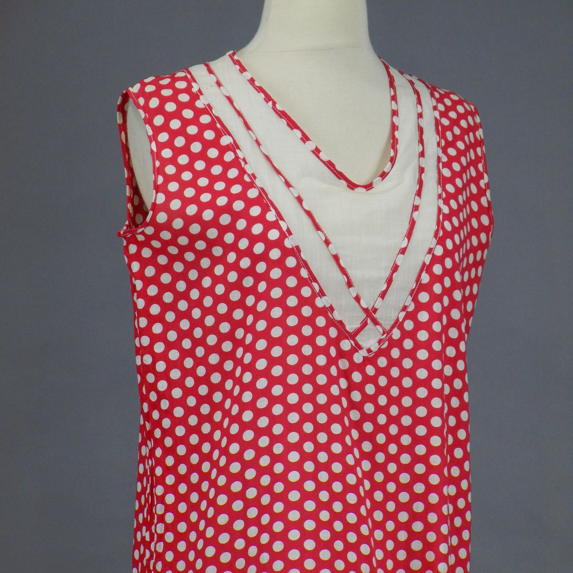 Vintage 1920's Red White Cotton Polka Dot Day Dress with Godets, S - M