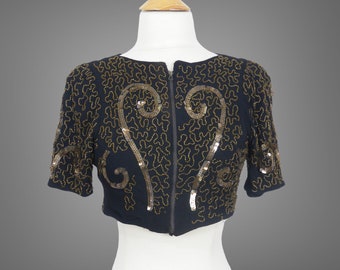 1930s Beaded Crepe Bolero Jacket, Vintage 30s Black & Gold Art Deco Cropped Evening Top, Small