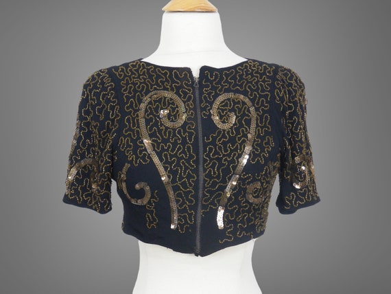 1930s Beaded Crepe Bolero Jacket, Vintage 30s Black & Gold Art Deco Cropped Evening Top, Small