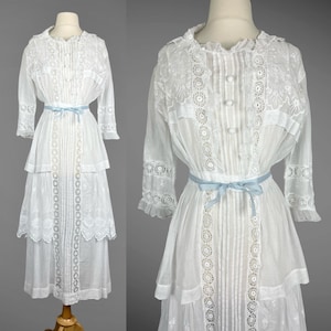 Antique 1900s Edwardian White Lawn Dress | Sheer Cotton Embroidered Lace Tea Gown with Pin Tucks | Heirloom Bridal Dress | Small