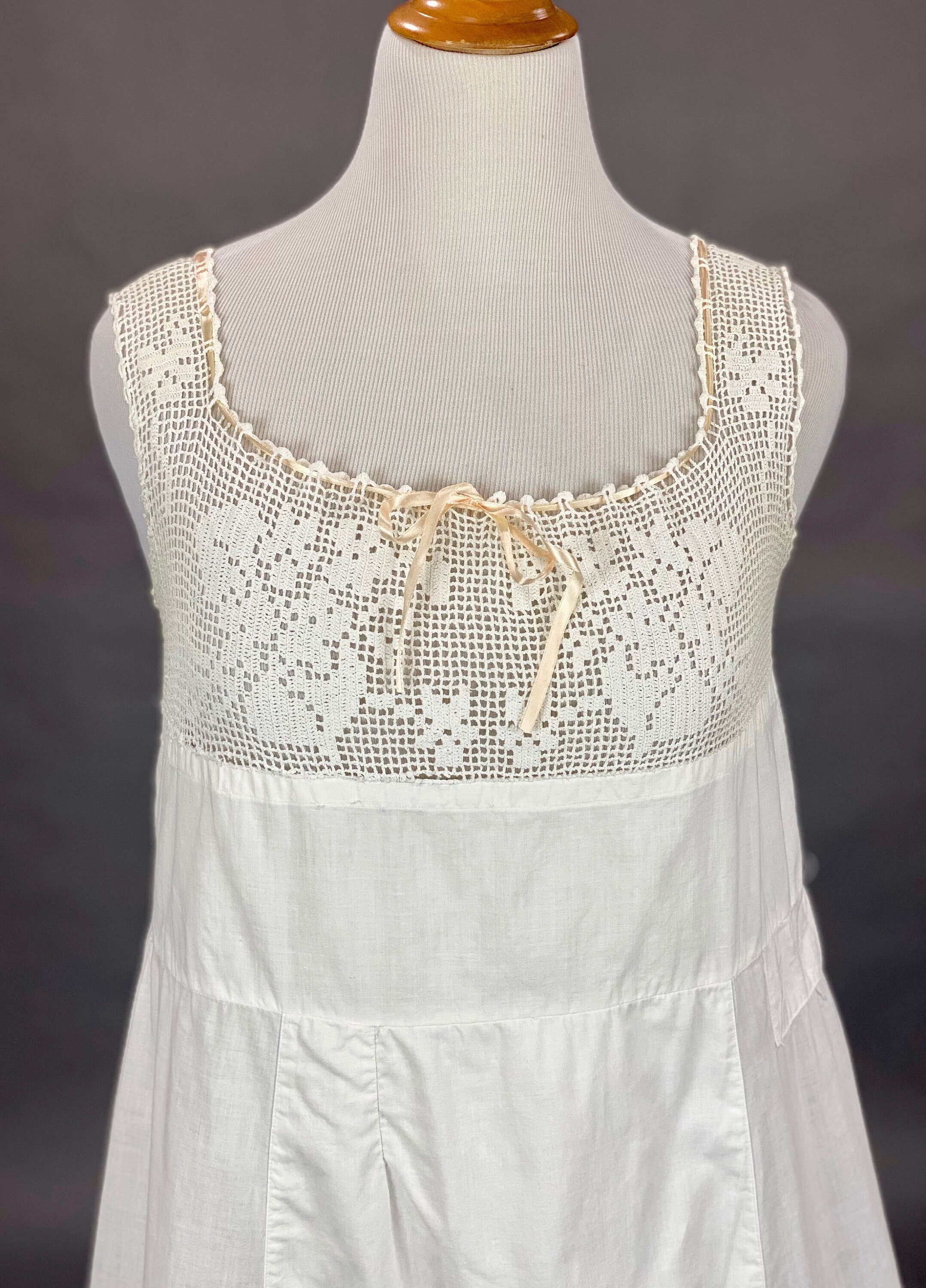 1910s Edwardian Filet Crochet Lace Cotton Eyelet Slip Dress, Antique