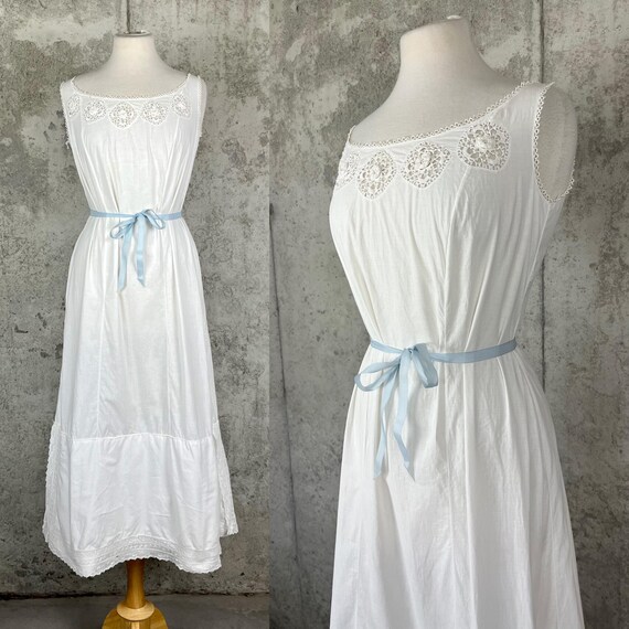 Antique Edwardian White Cotton Lace Slip Dress | 1900s Nightgown or Summer Dress | Vintage Bridal Trousseau Lingerie | M