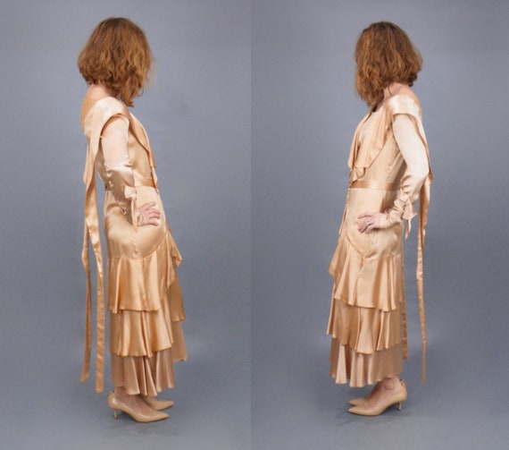 Vintage Late 1920s 30s Dress, Rose Gold Satin Lac… - image 3