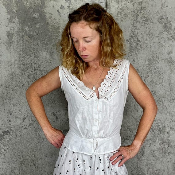 Edwardian White Cotton Corset Cover | 1900s Broderie Anglaise Camisole Top | Antique Cutwork Victorian Lingerie Blouse | XS 35 Bust