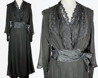 1910s Dress, Antique Edwardian Black Silk Chiffon Embroidered Net Dress, Tiered Sleeves & Back Skirt Wings