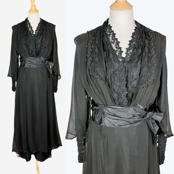 1910s Dress, Antique Edwardian Black Silk Chiffon Embroidered Net Dress, Tiered Sleeves & Back Skirt Wings