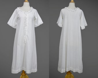 Antique Night Dress, 1900s Victorian Edwardian Lace Trim White Cotton Nightgown, 34 Bust