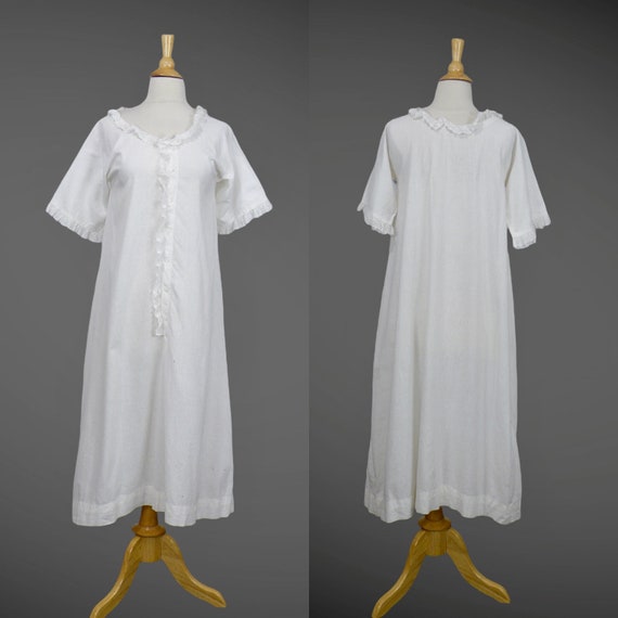 Antique Night Dress, 1900s Victorian Edwardian Lace Trim White Cotton Nightgown, 34 Bust