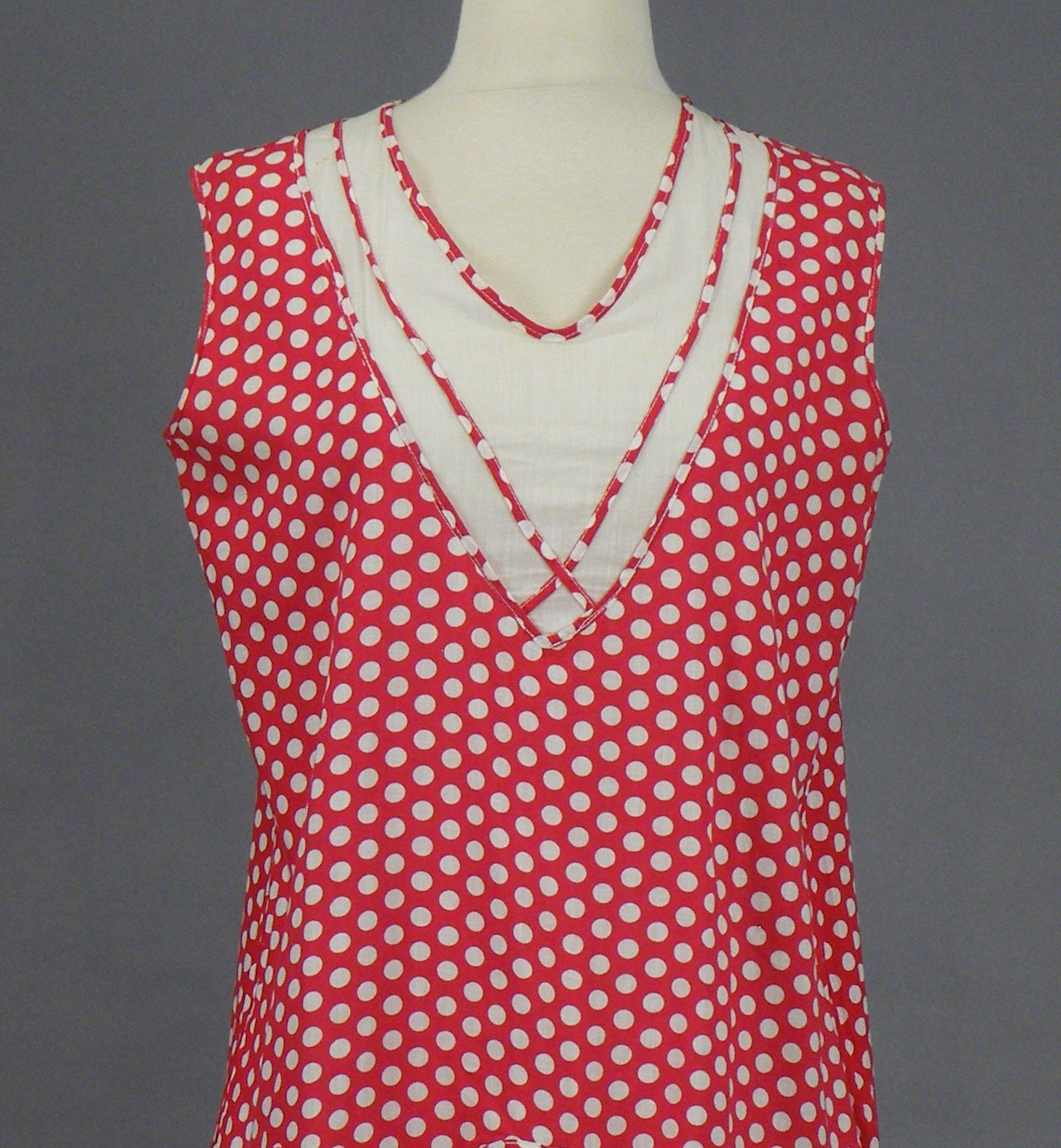 Vintage 1920's Red White Cotton Polka Dot Day Dress with Godets, S - M