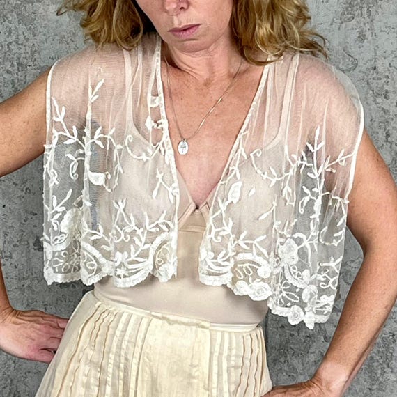 Antique Edwardian Embroidered Net Lace Top | Sheer Sleeveless Vest | 1900s White Floral Wedding Layer | Heirloom Bridal Cover Up