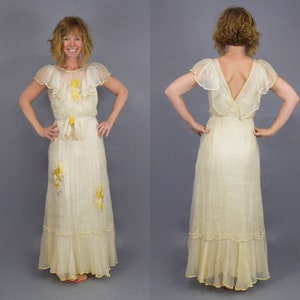 Vintage 1930s Dress, 30s Sheer Floral Embroidered Bias Cut Dress, Cottagecore Twee Feminine Dress