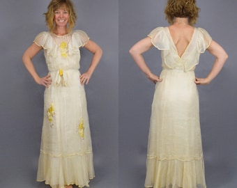 Vestido vintage de los años 30, vestido de corte al bies con bordados florales transparentes de los años 30, vestido femenino de estilo cottagecore