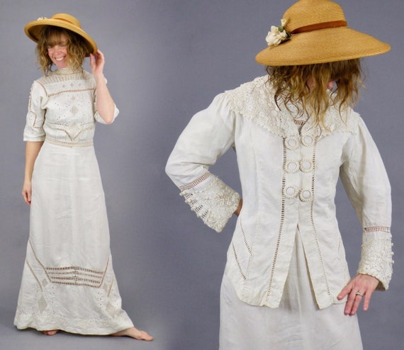 1900s Edwardian Embroidered Cutwork Linen Dress &