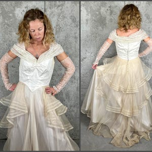 Late 1930s 1940s Vintage Wedding Dress | Satin & Net Lace Bridal Gown | Off Shoulder Collar, Fingerless Lace Gloves | Tiered Skirt | Small