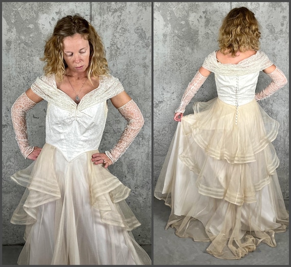 Late 1930s 1940s Vintage Wedding Dress | Satin & Net Lace Bridal Gown | Off Shoulder Collar, Fingerless Lace Gloves | Tiered Skirt | Small