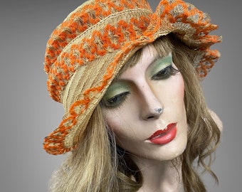 Vintage 1920s Orange Woven Straw and Horsehair Cloche Hat, Flapper Hat