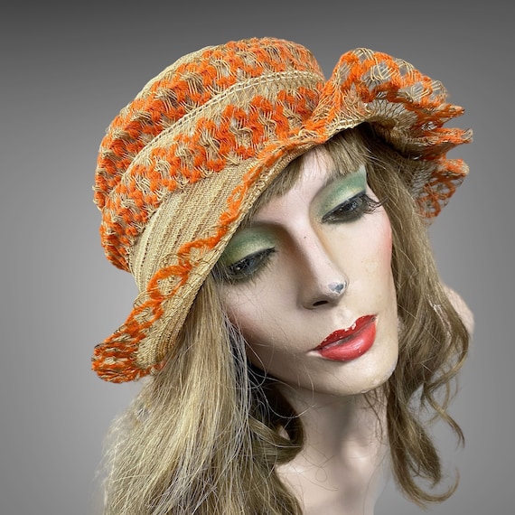 Vintage 1920s Orange Woven Straw and Horsehair Cloche Hat, Flapper Hat