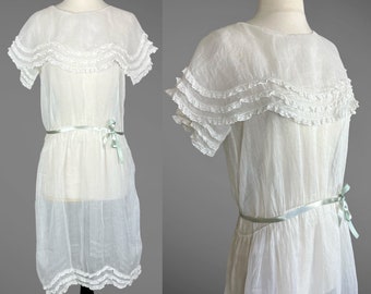 Late 1910s 1920s Dress, Antique Lace Trim Sheer White Organdy Dress, Small