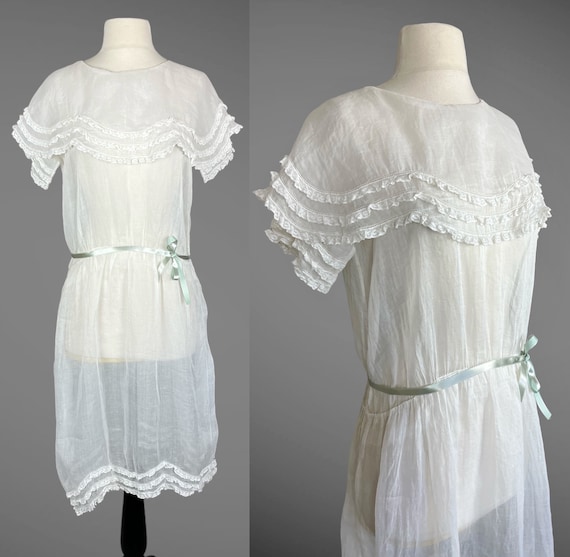 Late 1910s 1920s Dress, Antique Lace Trim Sheer White Organdy Dress, Small