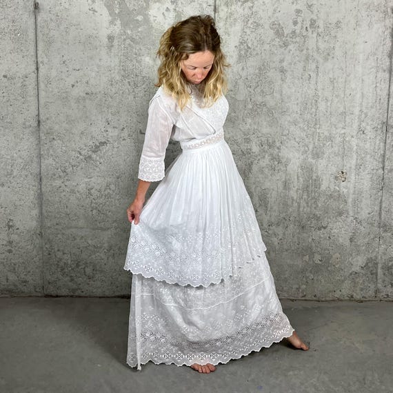 Antique Edwardian White Cotton Eyelet Dress | 1910s Embroidered Tea Gown | Tiered Whitework Lawn Dress | Bridal Garden Party Vintage Gown XS