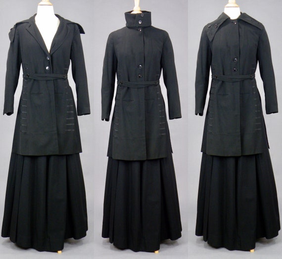 Edwardian Walking Suit, Antique 1910s Black Wool S