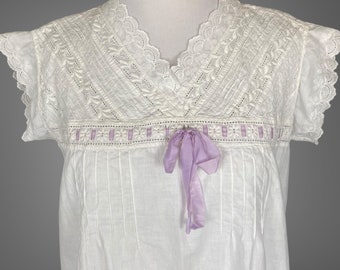 Antique 1910s Nightgown, Edwardian Whitework Embroidered Cotton Night Dress with Silk Ribbon Ties, Cap Sleeves, Large - XL 44 Bust